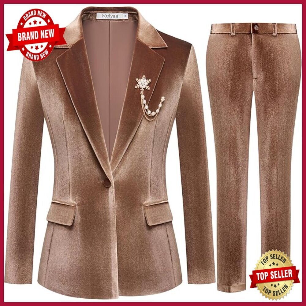 Velvet 2-Piece Suit Set Notch Lapel Slim Fit Blazer Pants Business Wedding